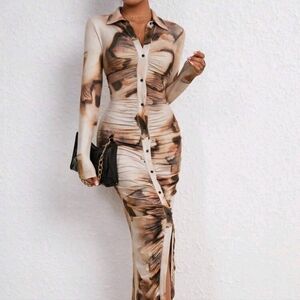 Brown Tie-Dye Ruched Maxi Dress